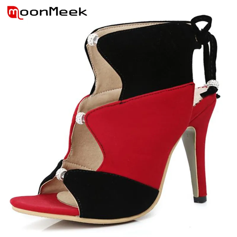 

MoonMeek 2018 High heels shoes mixed colors lace-up women sandals party shoes flock big size 33-43 fashion popular