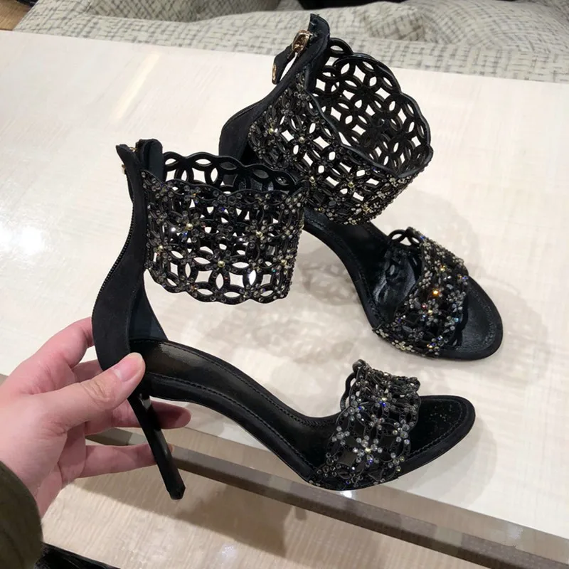 

2018 New Spring Summer Shoes Woman High Heels Sandals Designer Crystal Back Zip Ankle-Wrap Sexy Hollow Woman Sandals Party Shoes