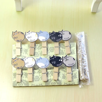 

1set (10pcs) Wooden Rope clip sleeping cat Home Decor Clip Cute Letters Clip Party Married Photo Clip with 2 meters hemp rope