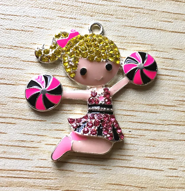 

44mm hot pink with black color10pcs/lot silver Zinc alloy rhinestones yellow hair cheerleader girl Pendants for Jewelry Necklace