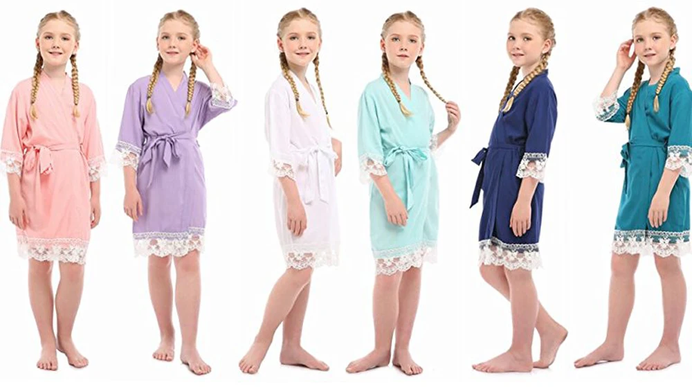 Милый хлопковый кружевной халат для девочек из искусственного шелка для свадебной вечеринки, одежда для сна с цветочным узором для девочек летний халат в стиле кимоно, Детская Пижама