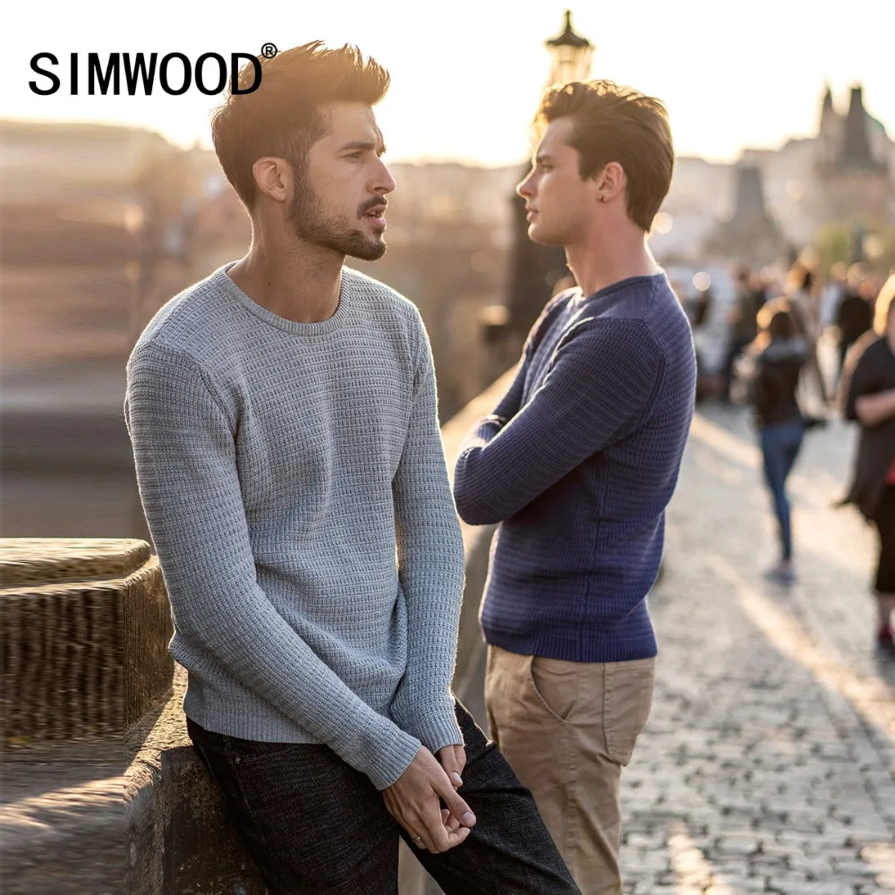 

SIMWOOD 2019 Spring New Sweater Men Slim Fit 100% Pure Cotton Pullover Male Knitted Sweater Male Fashion MT017013