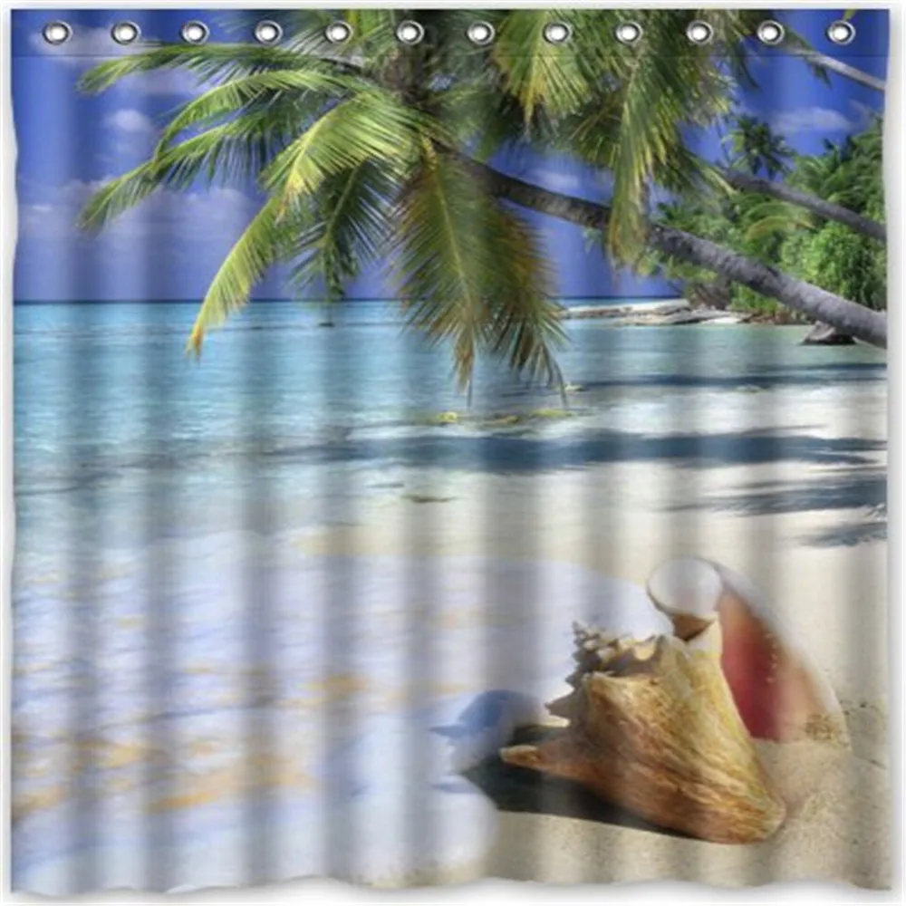 

Sandy Tropical Paradise Beach with Palm Trees and the Sea Ocean Theme Shower Curtain New Waterproof Polyester Fabric Bath C