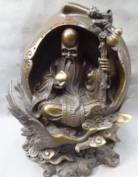 

USPS to USA S1792 15" Chinese Pure Bronze Buddhism Shou Peach Star Longevity God Ride Crane Statue