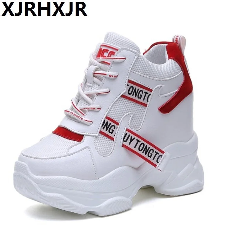 

2019 New Women Sneakers Mesh Casual Platform Trainers Fashion White Shoes 11 CM Heels Wedges Breathable Woman Spring Mesh Shoes