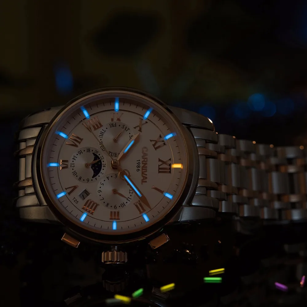 Часы Carnival Tritium мужские автоматические механические роскошные с Луной и фазой