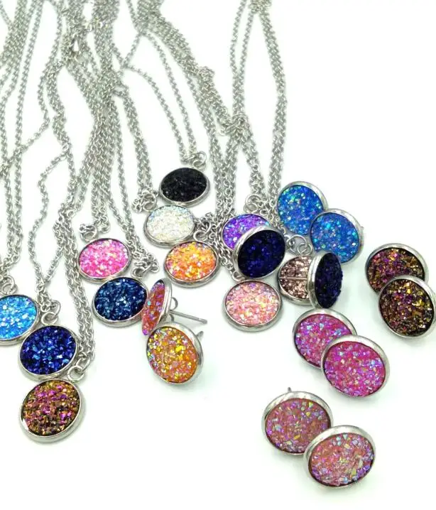 

20sets Jewelry Sets for Women Round druzy drusy stone Hypoallergenic stainless steel Necklace/Earrings Jewelry Sets Wholesale