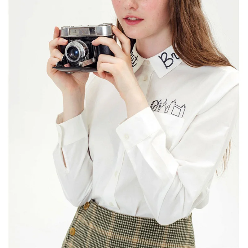 font b Women b font font b Blouses b font Cartoon Letter Embroidery Turn Down