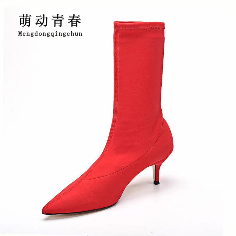 

2018 Women Ankle Boots New Autumn Pointed Toe Thin Heels Boots Fashion Candy Color Slip on Sexy Ladies Pumps Boots
