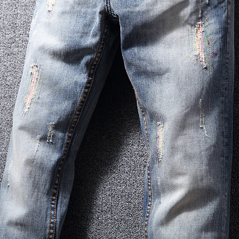 Italian Vintage Style Fashion Men Jeans Light Blue Embroidery Ripped Jeans Men Destroyed Patchwork Streetwear Hip 4