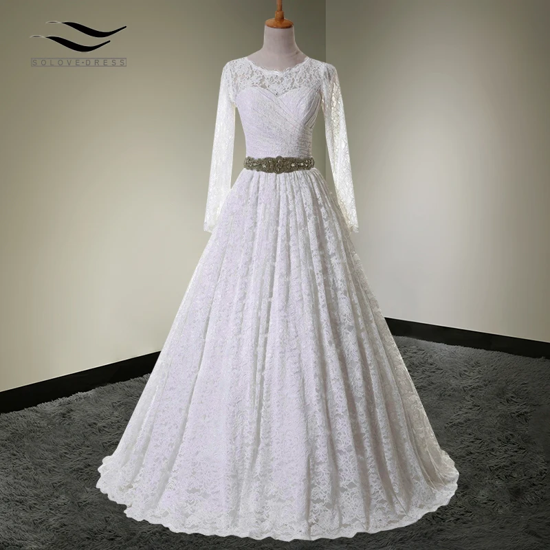 Solovedress, кружевное платье с круглым вырезом, настоящая фотография, Pus, размер совок, длинный рукав, свадебное платье, бальное платье, свадебное платье с поясом SLDW90099