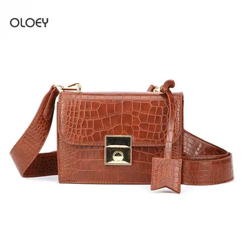 

OLOEY Bag female stone pattern shoulder bag fashion small square bag wide shoulder strap messenger bag crocodile leather pattern
