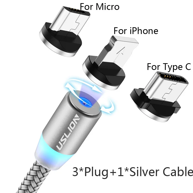 USLION 2 м Магнитный Micro USB кабель type C для iPhone XS Max X телефон зарядное устройство провод для samsung Xiaomi huawei P30 Pro Магнитный кабель - Цвет: 3 Plug 1Silver Cable