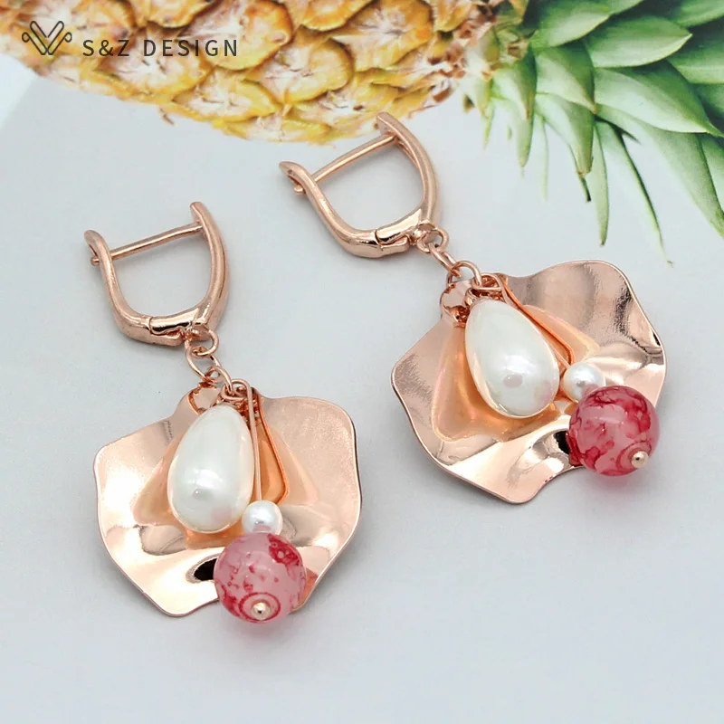 S&Z DESIGN New Cute Flower Water Drop Imitation Pearl Dangle Earrings For Women 585 Rose Gold Color Wedding Jewelry