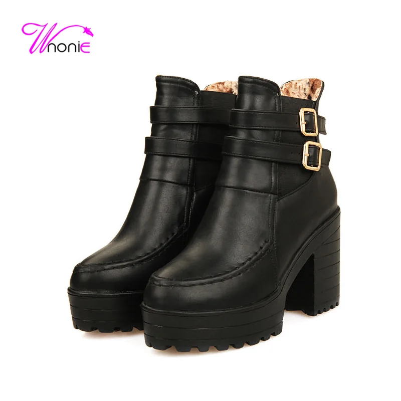 

2017 Shoes Women Ankle Boots Short Boots Square Block High Heel Boots PU Leather Buckle Up Sexy Party Dress Female Ladies Shoes