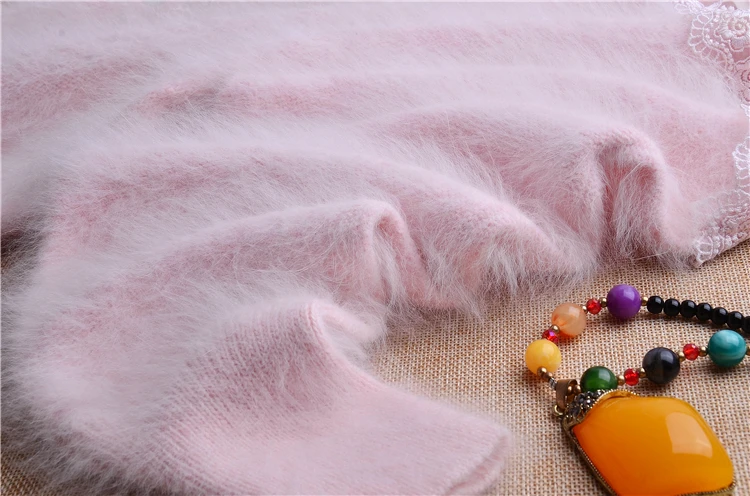 Женский зимний изысканный вязаный розовый топ с бисером, настоящий Ангорский кролик, меховой свободный свитер с длинными рукавами, свитер