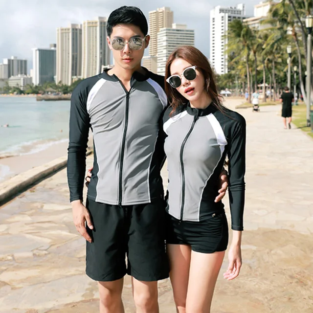 Couples Swimsuits matching outfits front zipper long sleeve Top&solid