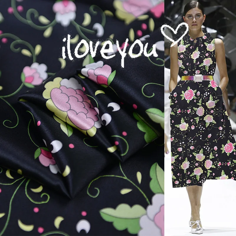 

black floral silk satin fabric soft gown material ethnic charmeuse silk 100cm*114cm