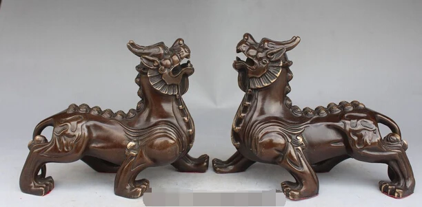 

S07136 8"Chinese Pure Bronze Dragon Beast Kylin Kirin Unicorn Pixiu Pi Xiu Pair Statue
