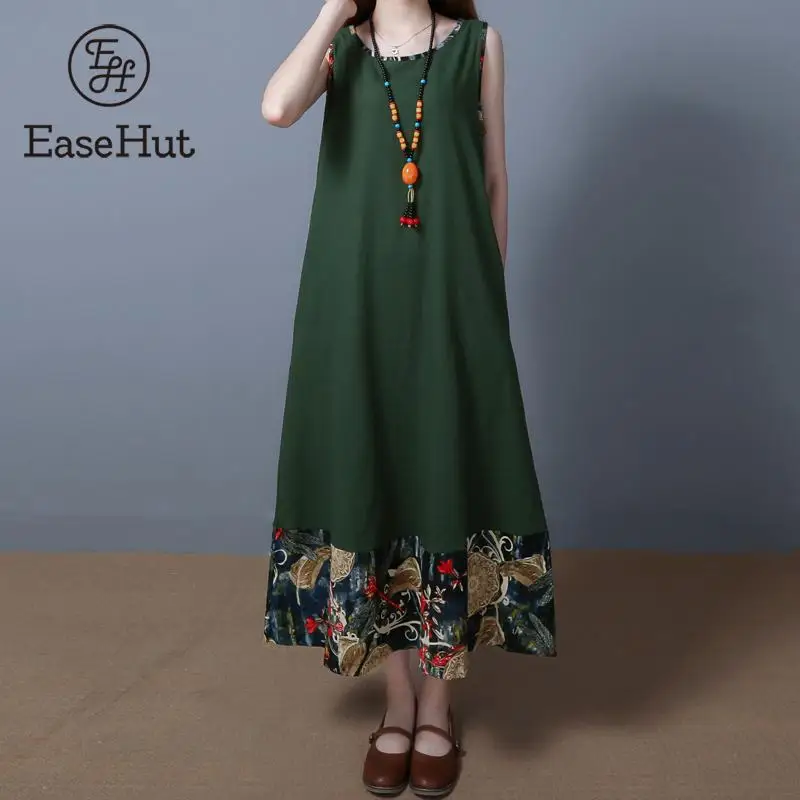 

EaseHut Vintage Ethnic Women Maxi Printed Dress Casual Patchwork O-Neck Sleeveless Pockets Loose Sundress Vestido Robe Dresses