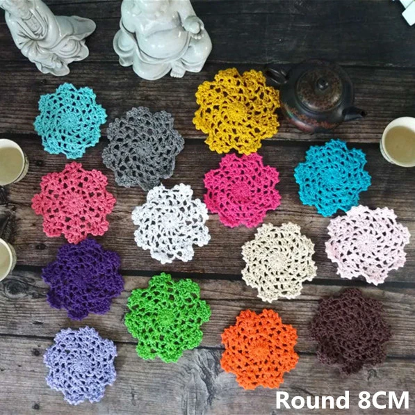 

8CM Round Vintage Handmade Crochet Mat Cotton Lace Table Placemat Mug Pad Tea Cup Glass Coaster Dinner Mat Kitchen Doily Wedding