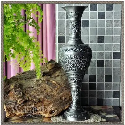 H37cm европейские Большие Ретро Выгравированные металлические настольные вазы ваза для украшения интерьера декоративная ваза для цветка HP008