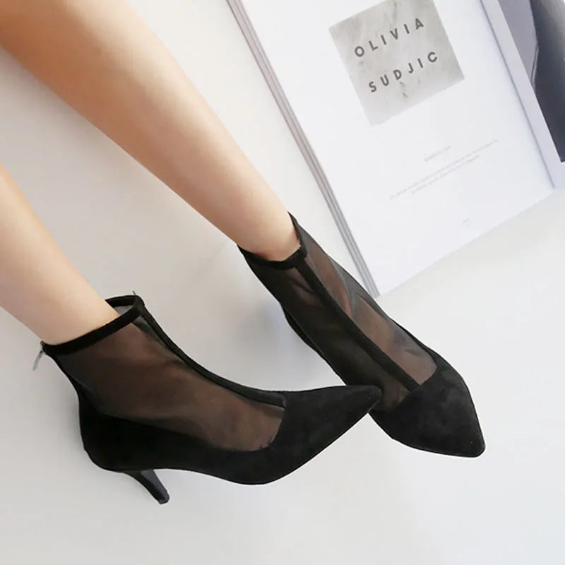 Skup Spiczaste siatkowe krótkie buty damskie 2018 nowe hollow szpilki zamek letnie i jesienne oddychające sandały damskie pojedyncze buty