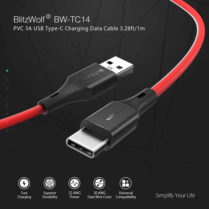 BlitzWolf 2 в 1 3A usb type-C кабель передачи данных для быстрой зарядки 3 фута/0,9 м для Oneplus 6 для Xiaomi Mi8 Mix Для huawei USB зарядное устройство Шнур