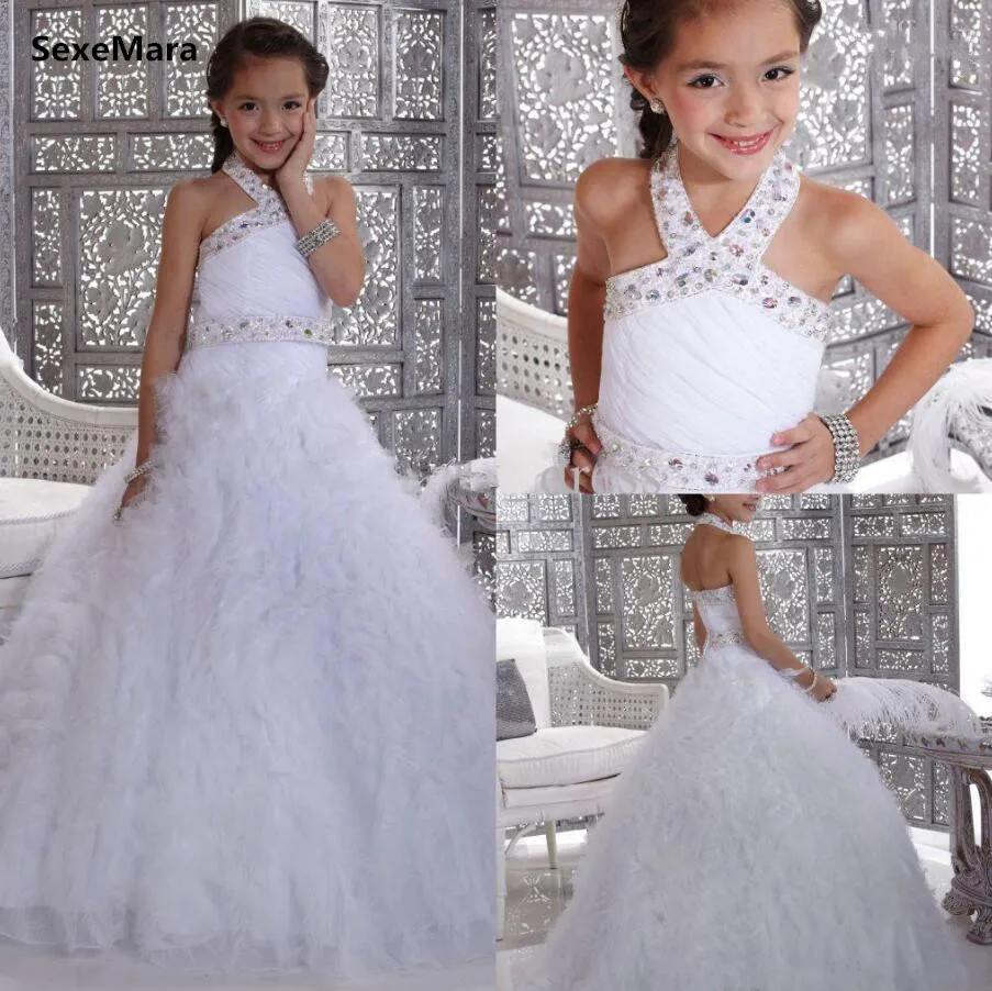 

2019 Princess White Flower Girls Dresses Beading Crystals Feather Puffy Girls Pageant Dresses Birthday Party Christmas Gown