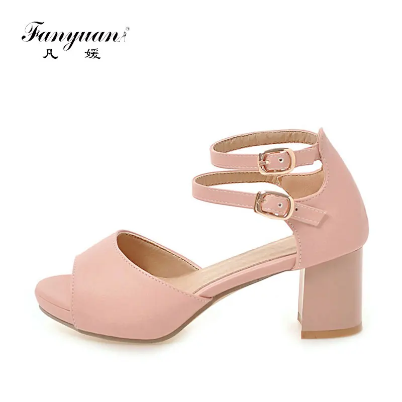 

Fanyuan Fashion double Buckle Strap Sandals Summer Peep Toe Cover Heel Platform Shoes Concise Ankle-Wrap high Heels Women Shoes