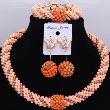 

Round Light Orange Party Wedding Dubai Jewelry Set Fashion Ball Plated Gold African Nigerian Wedding Jewelry Sets Women Beads