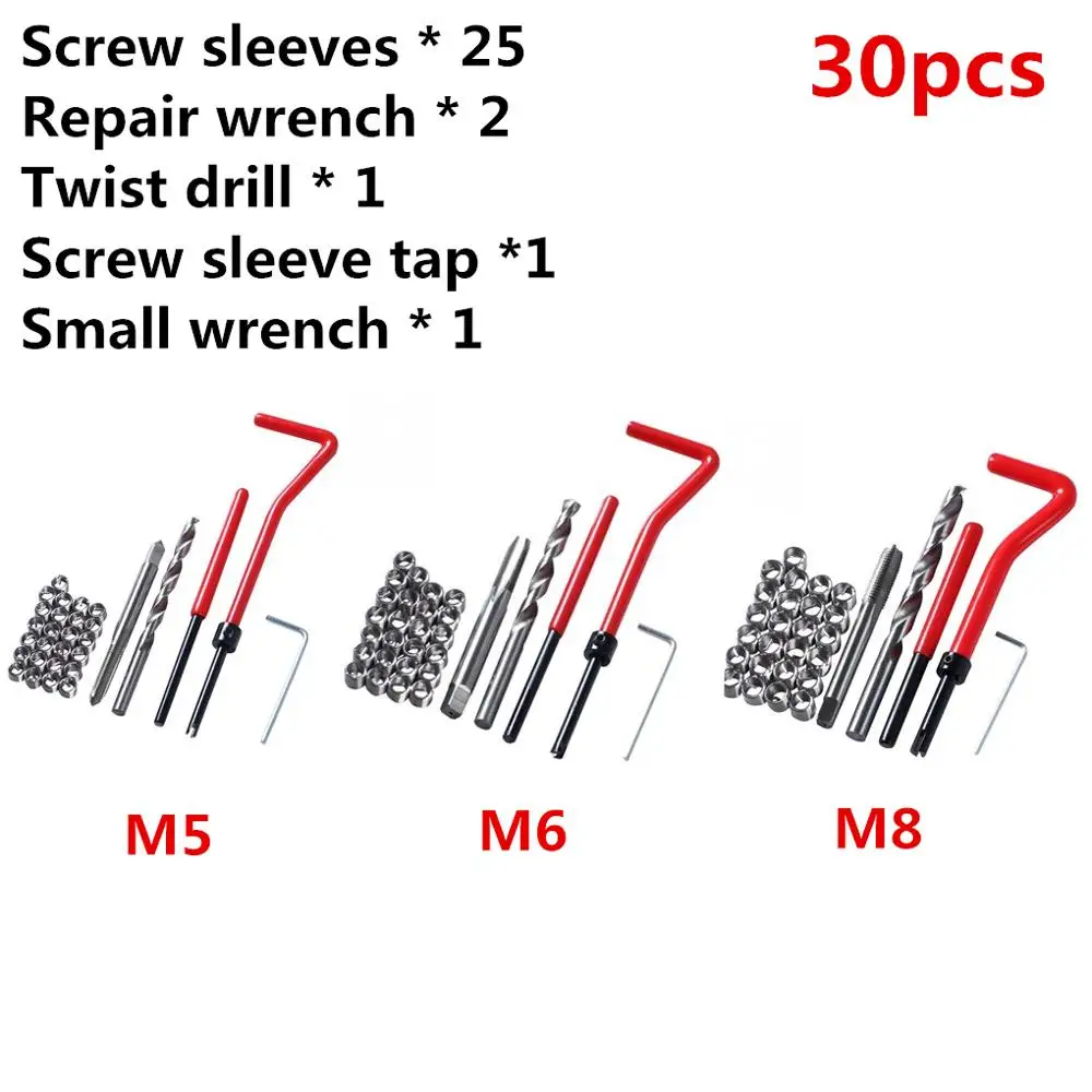 

30Pcs Tap Wrench Cutter Repair Kit Hand Tools Red Thread Wire Insert stainless steel small wrench Repairing Tool Kit M5/M6/M8