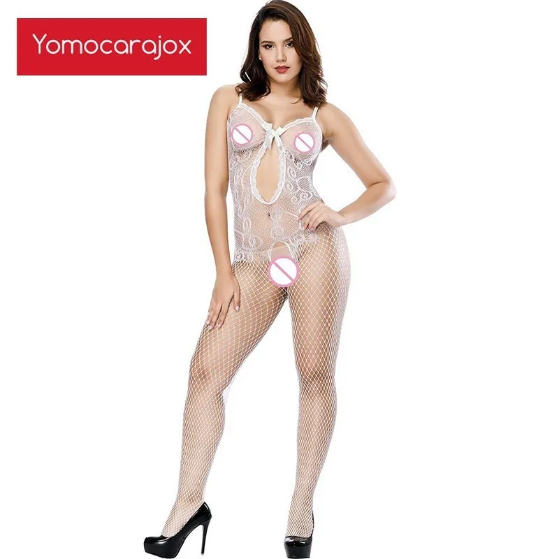 

Fishnet Bodystocking Sexy Catsuit Lace Camisole Front Hollow Out Bow Thread Jacquard Weave Lingerie Bodysuit Body Stocking