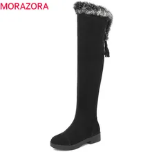 MORAZORA/ Большие размеры 34–43 из флока, выше колена с круглым носком, женские сапоги с простым замочком, модных женских сапог до колена высокие сапоги удобные на квадратном каблуке Женская обувь