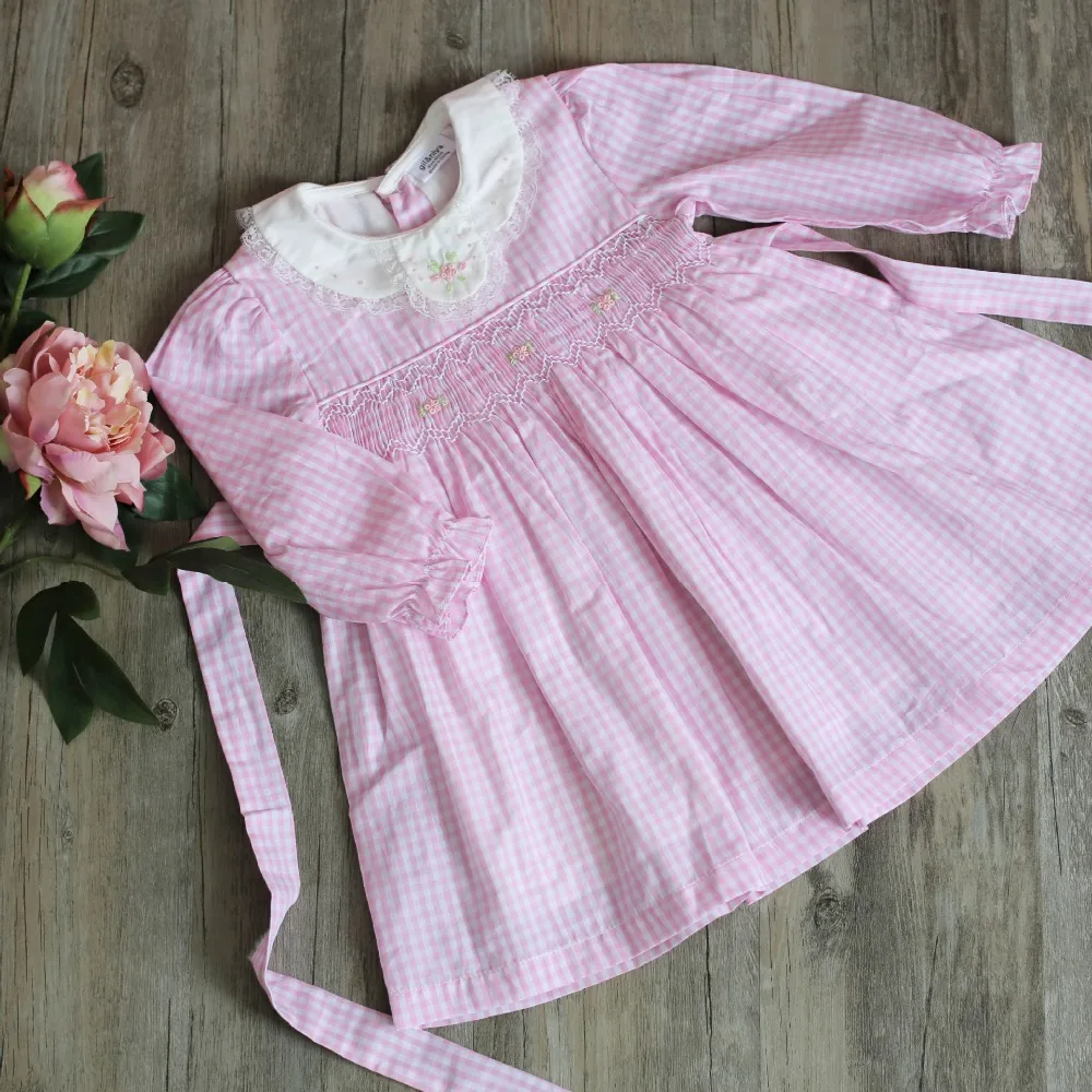 Платье для девочек, розовые и синие платья в клетку с длинными рукавами и вышивкой для малышей