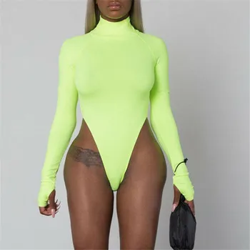 

Women's Turtle Neck Bodycon Bodysuit Long Sleeves Stretch Leotard Pure Color Romper New Slim Fashionable Spring Autumn Playsuit