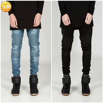 

Strech Men Jeans Pleated Denim Trousers Men Ripped Jeans Homme