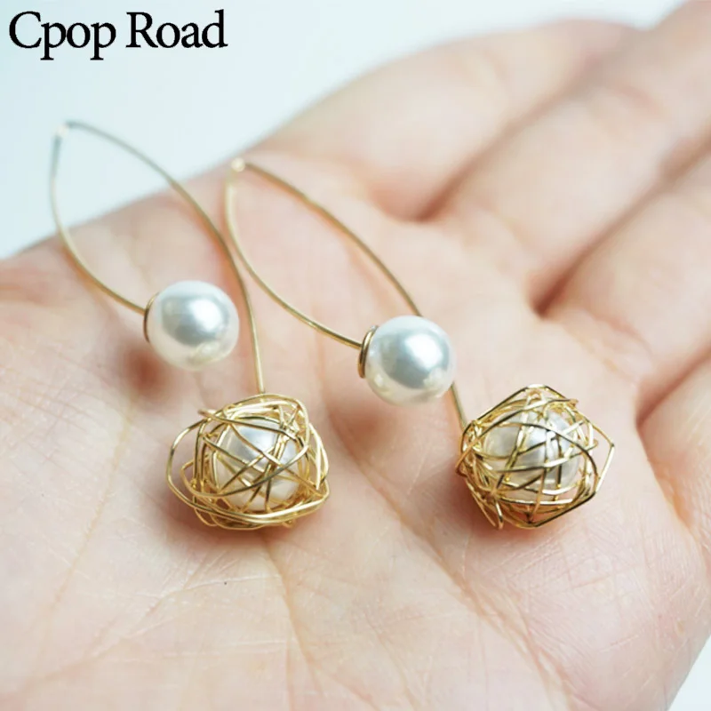 

Cpop Drop Pearl Earrings for Women Double Pearls Statement Dangle Earrings Fashion Jewelry Trendy Girl Accessories Gift 2019 New