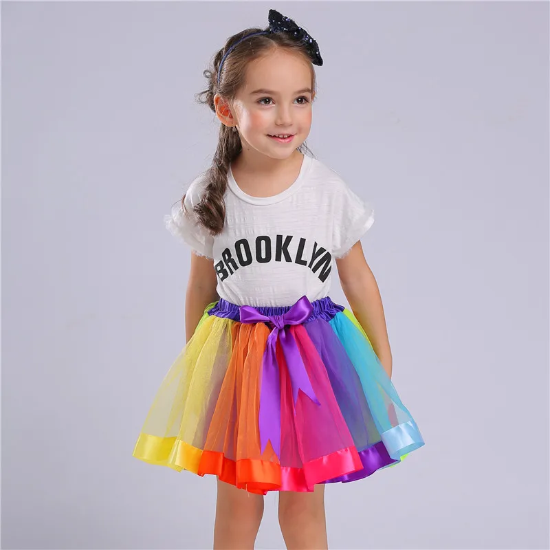 Ins Style 3-8 Years Old Girls Rainbow Tutu Skirts For Children Birthday Princess Mini Pettiskirt Party Dance Bowknot Mesh Skirt