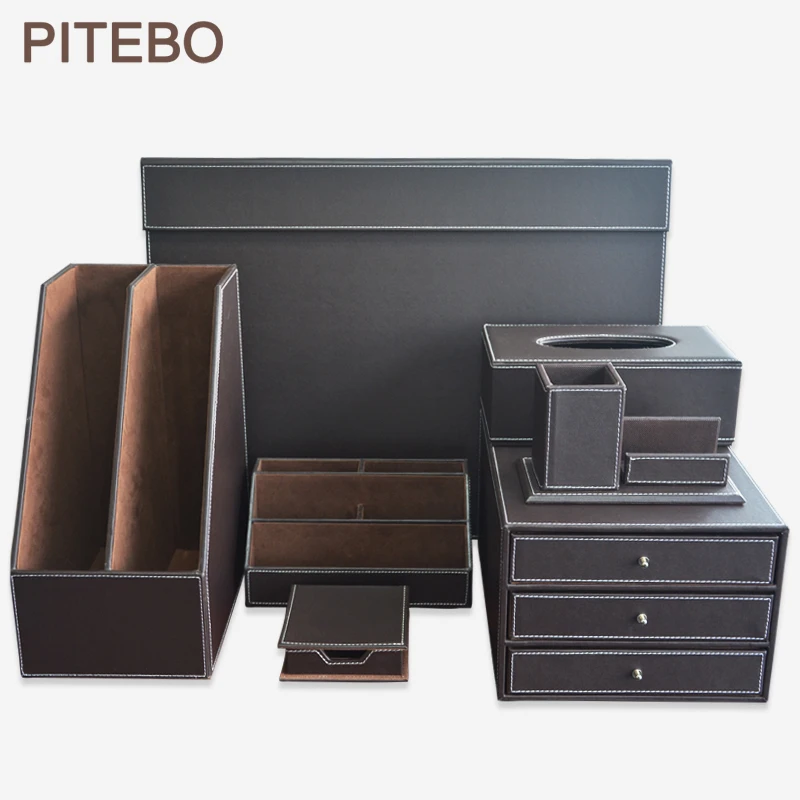 PITEBO коричневый 7 шт./набор деревянный кожаный офисный бизнес стол файл шкаф полка rackканцелярские принадлежности Органайзер лоток ручка держатель
