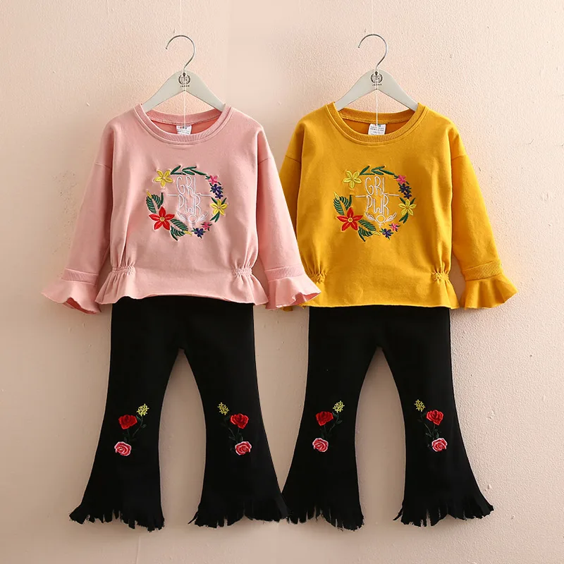 

2019 Autumn Spring 2-6 8 10 Years Long Sleeve Cotton Floral T-shirt Tops+Flared Trousers Pants Baby Kids Girl 2Pcs Clothing Sets