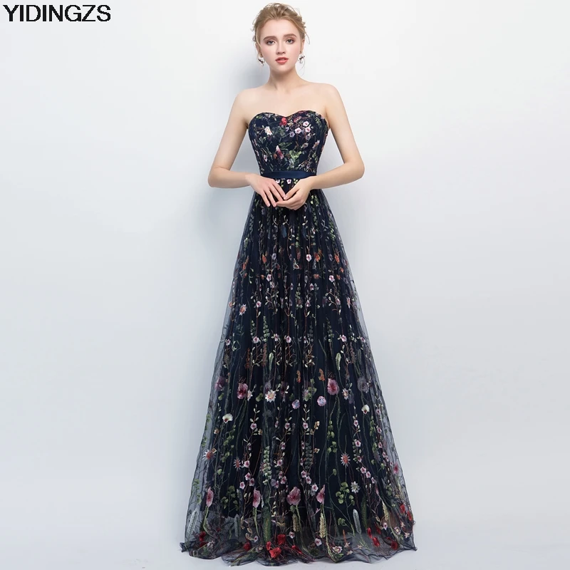 

YIDINGZS Navy Blue Pleat Tulle Evening Dress 8 Colors Flower Embroidery Strapless Elegant Long Evening Dress New Arrive
