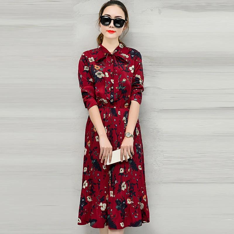 Tanie 2019 wiosna nadruk jesień z kwiatowym wzorem z szyfonu sukienka damska z długim rękawem elegancka sukienka plisowana Maxi damska długa obcisła damska sukienka QH1322
