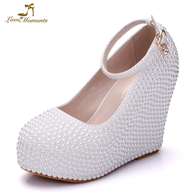 

Custom Made Fashion Anniversary Ceremony Prom Shoes Ankle Straps Pumps White Ivory Pearl Wedding Party Shoes Wedge Heel Platform