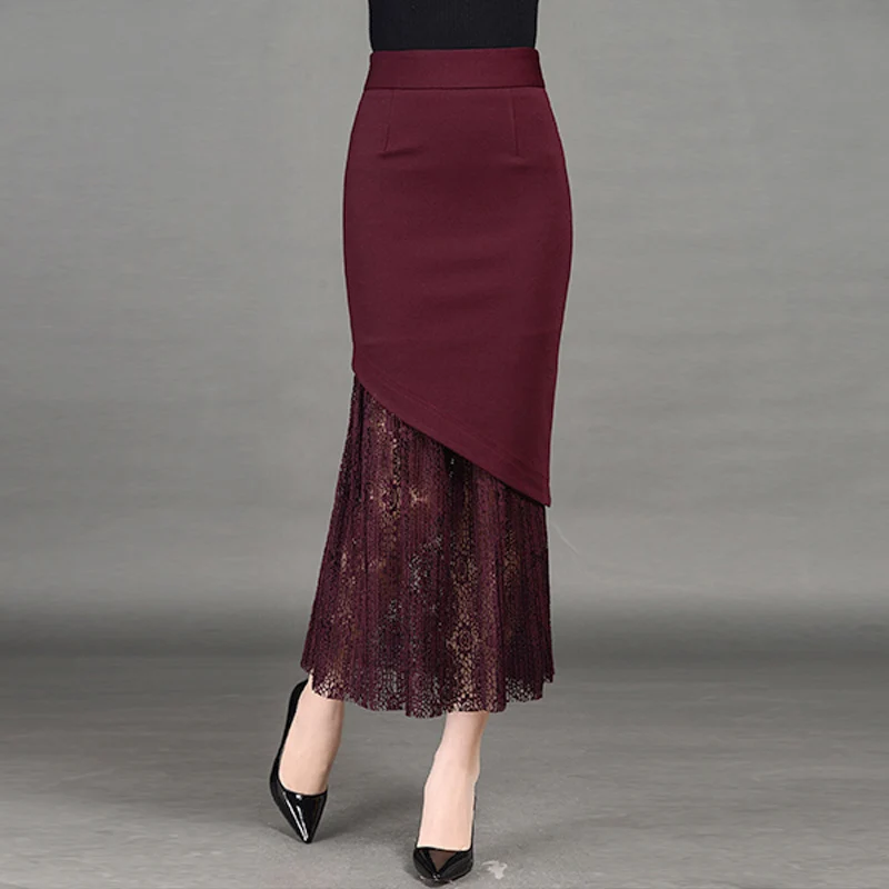 Autumn Women's Wine Red Black Lace Patchwork High Waisted Elegant Skirt ...