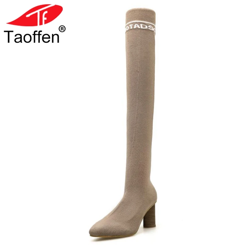 

Taoffen Sexy Women High Heels Sock Boots Fashion Print Knitting Shoes Women Spring Pointed Toe Thigh High Boots Size 35-39
