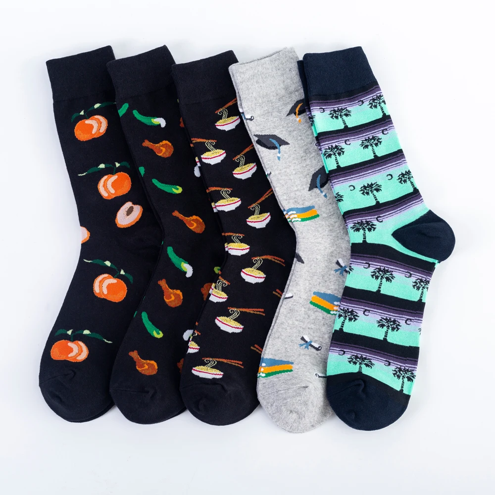 

New 2019 Autumn Winter Fashion Coconut Tree Peach Pattern Men's Skateboard Socks Funny Combed Cotton Colorful Crew Socks