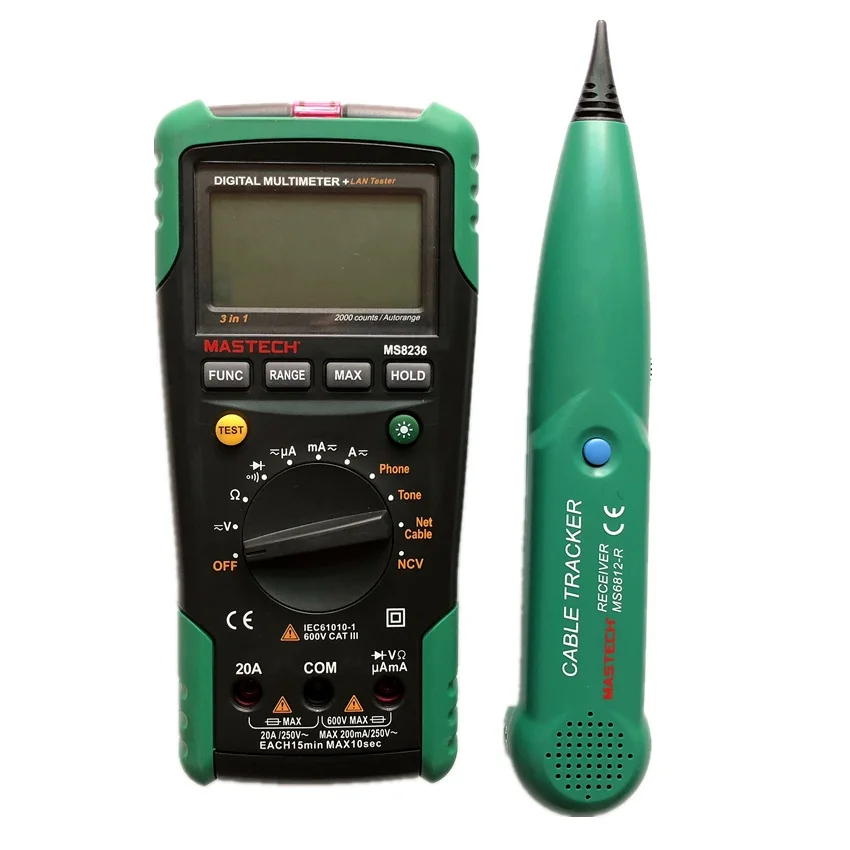 

MASTECH MS8236 Auto Range Digital Multimeter LAN Tester Net Cable Tracker Tone Telephone line Check Non-contact Voltage Detect