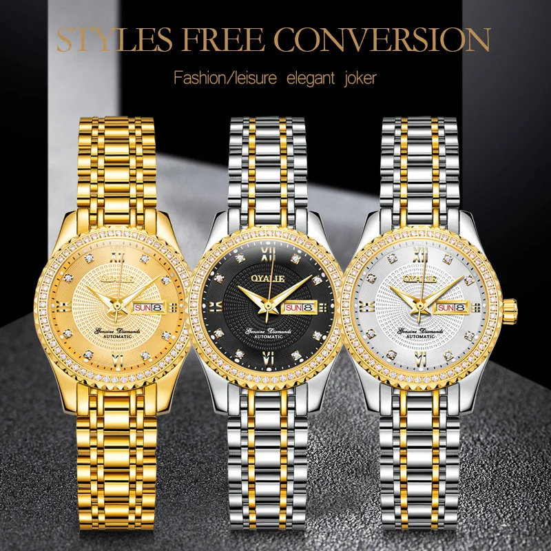 OYALIE Япония высококачественное изображение механический автоматический дата золотые женские часы модное платье Стразы Серебряные женские часы