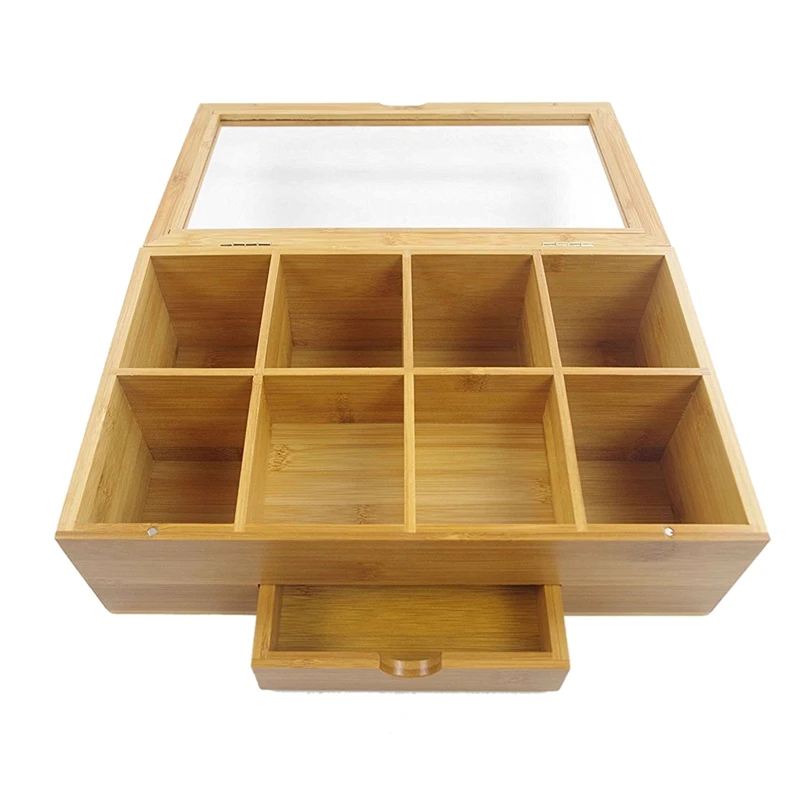 Tea Organizer Bamboo Tea Box with Small Drawer Natural Bamboo Tea Chest- Great Gift Idea